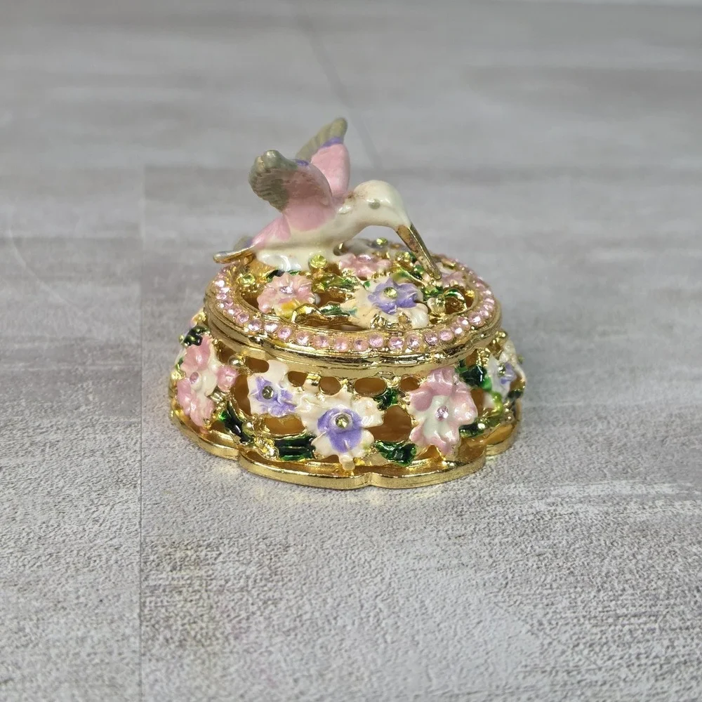 Enameled Trinket Box Hummingbird Floral Rhinestone Gold Tone Jewelry Keepsake